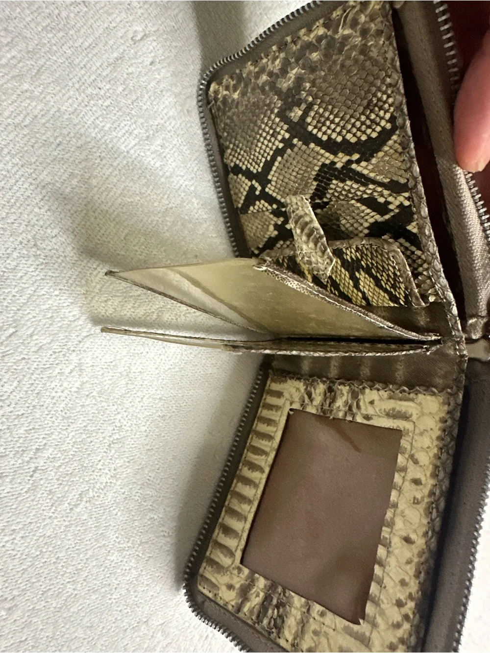 Vintage snakeskin Compact Zip Wallet in Brown with Black Trim. Exotic. Boho.